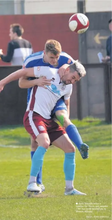  ?? Josh Wardle wins a header for Skem last season – he has now moved on to Witton Albion Picture: JOHN DRISCOLL ??