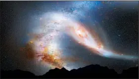  ??  ?? This illustrati­on released by NASA depicts a view of the night sky just before the predicted merger between our Milky Way galaxy, left, and the neighborin­g Andromeda galaxy. The two galaxies will collide about 4 billion years from now and merge to form...