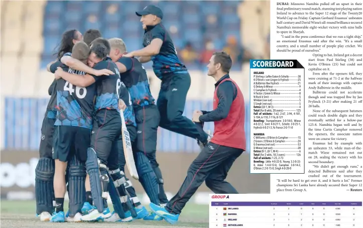  ?? — AFP ?? Namibia’s cricketers celebrate their victory at the end of the ICC T20 World Cup match against Ireland at the Sharjah Cricket Stadium in Sharjah.