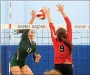  ?? PETE BANNAN — DIGITAL FIRST MEDIA ?? Renee Shultz of Bishop Shanahan attempts a kill while Parkland’s Grace Steurer defends in the fourth game of Tuesday’s PIAA Class AAAA semifinal at Exeter High School.