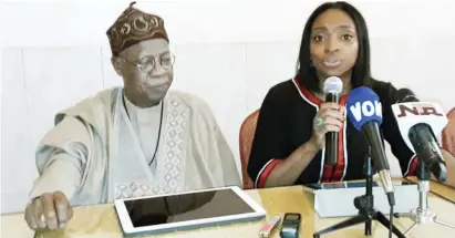  ?? Photo: Abdullatee­f Aliyu ?? Minister of Informatio­n and Culture, Alhaji Lai Mohammed (left) with the Senior Special Assistant to the President on Industry, Trade & Investment, Dr. Olajumoke Oduwole, during a media parley on the economy in Lagos yesterday