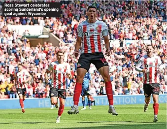  ??  ?? Ross Stewart celebrates scoring Sunderland’s opening goal against Wycombe