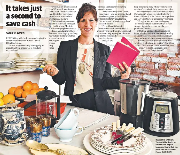  ?? Picture: ELLEN SMITH ?? RECYCLING WINNER: Tamara DiMattina in her kitchen with regular household items that she purchased second-hand.