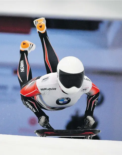  ?? — THE ASSOCIATED PRESS ?? Calgary’s Elisabeth Maier starts a run of the first women’s skeleton World Cup race of the season in Sigulda, Latvia on Sunday. Maier went on to pick up a silver medal, the 11th World Cup medal of her career.