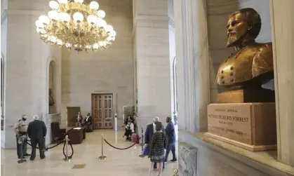  ?? Mark Humphrey/AP ?? A bust of Nathan Bedford Forrest, the founder of the Ku Klux Klan, which stood until 2021 in the Tennessee capitol in Nashville. Photograph: