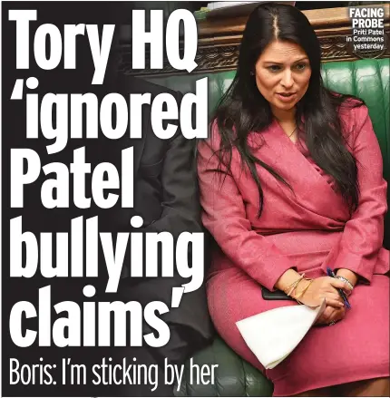  ??  ?? FACING PROBE Priti Patel in Commons yesterday