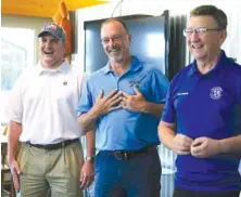  ?? STAFF PHOTOS BY ERIN O. SMITH ?? Tennessee Valley Authority Vice President of Government Relations Justin Maierhofer, Sen. Mike Bell and Rep. Dan Howell discuss the new agreement between TVA and rafting outfitters Friday at Ocoee Inn in Polk County, Tenn. The agreement for TVA to...