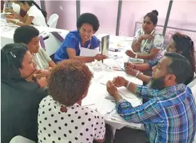  ?? Photo: Parliament of Fiji ?? Mohammed Faiaz of Bulileka College (right), with teachers having a discussion with teachers during the Parliament­ary workshop on September 3, 2019.