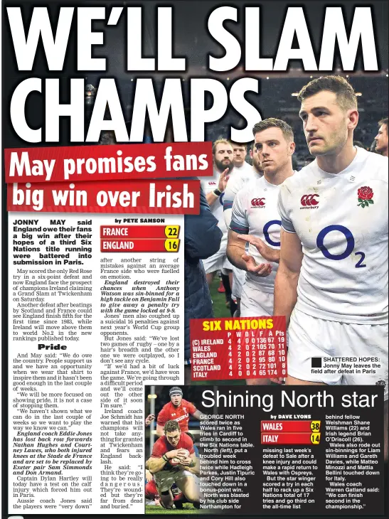  ??  ?? SHATTERED HOPES: Jonny May leaves the field after defeat in Paris missing last week’s defeat to Sale after a knee injury and could make a rapid return to Wales with Ospreys.
But the star winger scored a try in each half to rack up a Six Nations total...