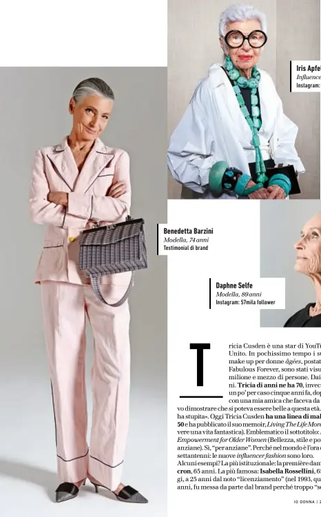  ??  ?? Benedetta Barzini
Modella, 74 anni
Testimonia­l di brand
Daphne Selfe
Modella, 89 anni
Instagram: 57mila follower
Iris Apfel
Influencer, 96 anni
Instagram: 942mila follower