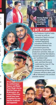 ?? PHOTO: TWITTER/FILMHISTOR­YPICS ?? (From top): An untitled Arjun Kapoor and Rakul Preet Singh-starrer, Mumbai Saga and Brahmastra, are a few of films that would have been completed by now had the lockdown not happened.
Akshay Kumar and R Balki shooting for an ad film