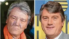  ?? Archivfoto­s: Herbert P. Oczeret, dpa ?? Durch die Dioxin Vergiftung quoll das Gesicht des früheren ukrainisch­en Präsidente­n Viktor Juschtsche­nko auf. Das rechte Bild zeigt ihn wenige Wochen vor dem Attentat im Jahr 2004.