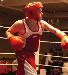  ??  ?? Cian Redmond (red trunks) boxing for Arklow versus Dean Cox of Enniscorth­y Ac