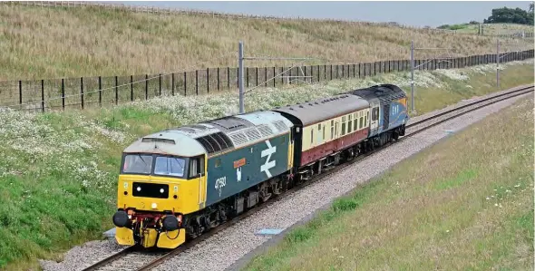  ??  ?? Type 4 No. 47593 hauls power car No. 43083 from store at Long Marston to LSL Crewe on June 10 – the working seen at Stone Road, Norton bridge (Staffordsh­ire).