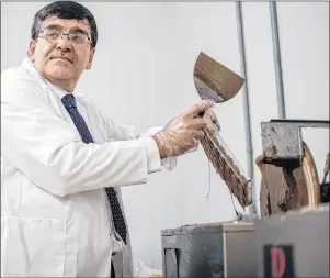  ?? CP PHOTO ?? Syrian chocolatie­r Assam Hadhad puts chocolate into moulds at his newly opened Peace By Chocolate factory in Antigonish, N.S., on Saturday.