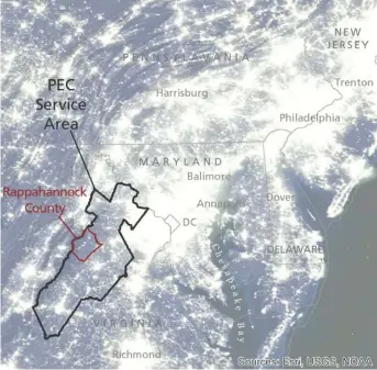  ?? COURTESY OF NOAA ?? As seen from space, Rappahanno­ck County is a dark spot on an increasing­ly bright map.