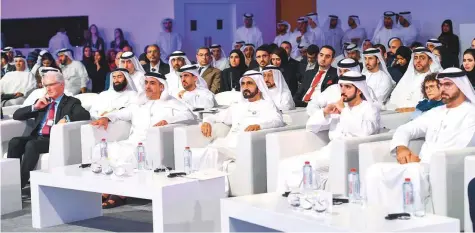  ?? WAM ?? Shaikh Mohammad Bin Rashid, Shaikh Hamdan Bin Mohammad, Lt-Gen Shaikh Saif Bin Zayed Al Nahyan, Deputy Prime Minister and Minister of Interior; and Mohammad Abdullah Al Gergawi, Minister of Cabinet Affairs and the Future, at the forum yesterday.