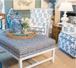  ?? ?? Ottomans are a great source of texture in a room, like this blue and white speckled design.