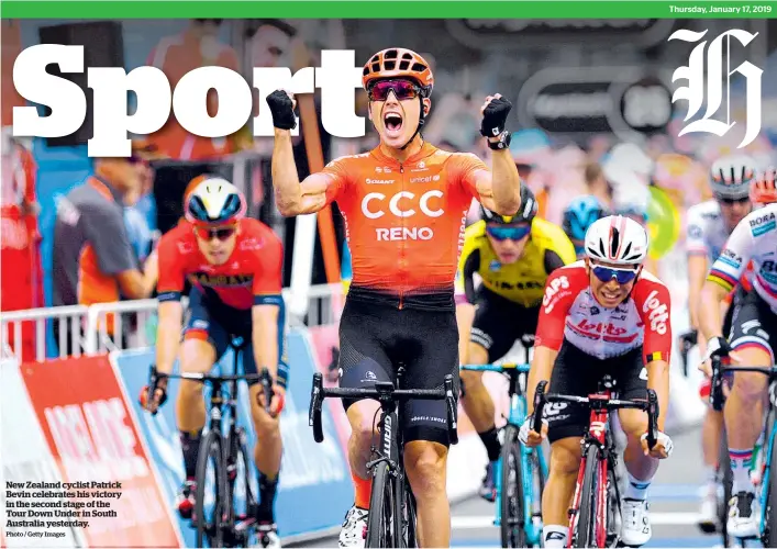  ?? Photo / Getty Images ?? New Zealand cyclist Patrick Bevin celebrates his victory in the second stage of the Tour Down Under in South Australia yesterday.