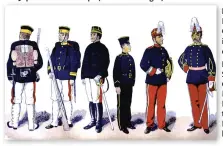  ??  ?? Right: Chinese Imperial Guardsman in ceremonial dress
Left: Private, Sergeant, Captain, Cadet, Musician and Bandmaster of the Japanese Infantry (from left to right)