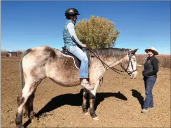  ?? COURTESY EQUINE SPIRIT SANCTUARY ?? Aline Gittleman rides Equine Spirit Sanctuary lesson horse Melvin while Robin Waugaman instructs.