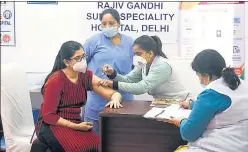  ?? RAJ K RAJ/HT PHOTO ?? A health care worker gets the vaccine at Rajiv Gandhi Super Speciality Hospital.