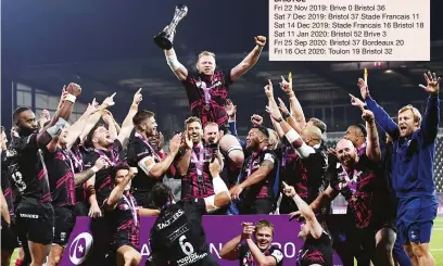  ??  ?? French destroyers: Bristol celebrate beating Toulon. Top, Luke Cowan-Dickie scores for Exeter in the final