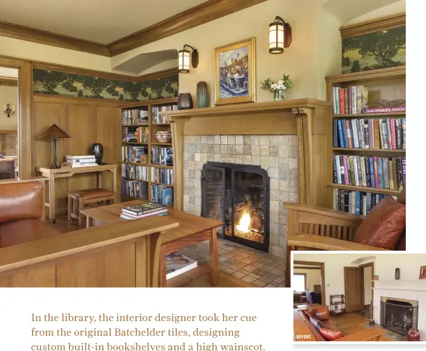  ??  ?? ABOVE With the removal of two doors, the library became more inviting. Wainscot and a paper frieze bring intimate scale; the custom mantel adds a subtle Mannerist touch.
BELOW The original Batchelder fireplace and arched window wells in the living...