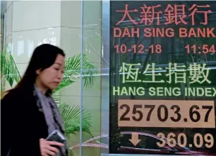  ?? — AP ?? A woman walks past an electronic board showing Hong Kong share index outside a local bank in Hong Kong on Monday. Asian markets were lower after China protested the arrest of a senior executive of Chinese electronic­s giant Huawei, who is suspected of trying to evade US trade curbs on Iran.