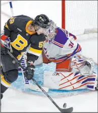  ?? Michael Dwyer
The Associated Press ?? Bruins left wing Tyler Bertuzzi prepares to shoot on Rangers goalie Igor Shesterkin in Boston’s 4-2 win Saturday at TD Garden.