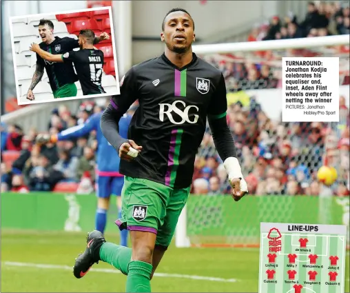  ?? PICTURES: Jonathan
Hobley/Pro Sport ?? TURNAROUND: Jonathan Kodjia celebrates his equaliser and, inset, Aden Flint wheels away after netting the winner