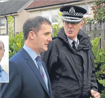  ??  ?? Far left, Colin McKerrache­r today. Left, Michael Matheson with Phil Gormley before he was put on leave. Right, Mr McKerrache­r when he was Chief Constable of Grampian