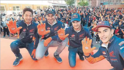  ?? FOTO: BOX REPSOL ?? Marc Márquez, ayer en Madrid junto a Fujinami, Bou y Pedrosa en un acto de Repsol contra el acoso escolar