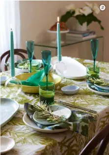  ??  ?? 2 TABLE TALK
We Australian­s love relaxed dining. So set the tone right from the outset with lovely table linens handprinte­d with proteas – ‘relatives’ of Aussie natives waratah and banksia. Protea tablecloth in Citron, $245 medium; Aster napkins in Green, $135/set of 6, bonnie andneil.com.au.