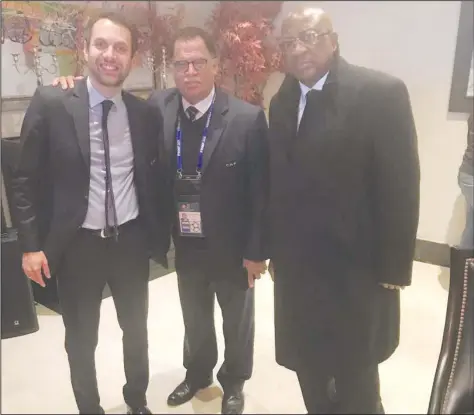  ??  ?? THREE IS COMPANY ... SAFA president Danny Jordaan (centre) and his ZIFA counterpar­t Philip Chiyangwa (right) pose for a photo in the company of CAF Secretary-General Mr Amr Fahmy just before the start of the CAF Super clash in Casablanca on Saturday...