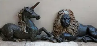  ??  ?? Below: A Victorian cast-iron unicorn and lion picked up by Mikki for a bargain price