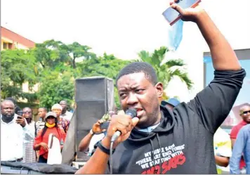  ??  ?? Leke Adeboye leading service at Alausa protest ground yesterday