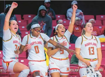  ?? KARL MERTON FERRON/STAFF ?? Maryland’s Emily Fisher, from left, Shyanne Sellers, Brinae Alexander and Faith Masonius react during a game against Towson in College Park.