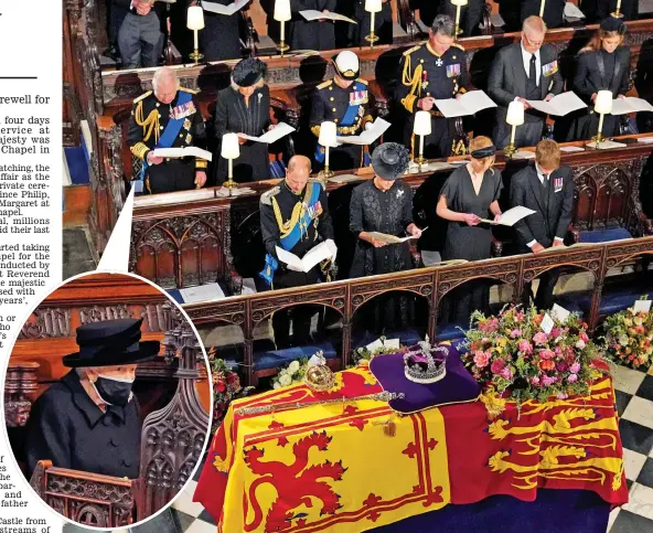  ?? ?? The monarch’s seat: King Charles takes his position. The Queen sat there at Prince Philip’s funeral, inset