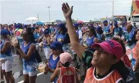  ??  ?? Congregant­s from Attitude Baptist church in Rio de Janiero attend a carnival celebratio­n on Copacabana beach. Photograph: Dom Phillips/The Guardian