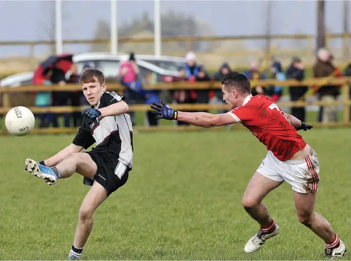  ??  ?? Richie Lang of St Attracta’s in action with Matthew Macken of St Colman’s during their Connacht ‘ A’ semi- final in the Connacht Centre of Excellence on Sunday afternoon. Pics: Carl Brennan.