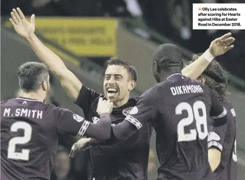  ??  ?? 1 Olly Lee celebrates after scoring for Hearts against Hibs at Easter Road in December 2018.