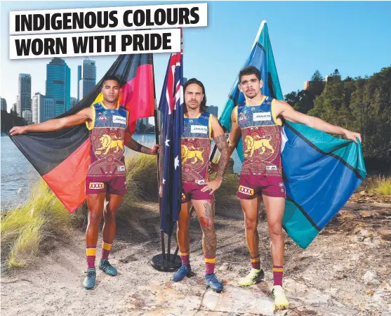  ?? HEAVILY INVOLVED: Brisbane Lions players Cedric Cox, Allen Christense­n and Charlie Cameron pose in the Lions AFL Indigenous Round guernsey. ??