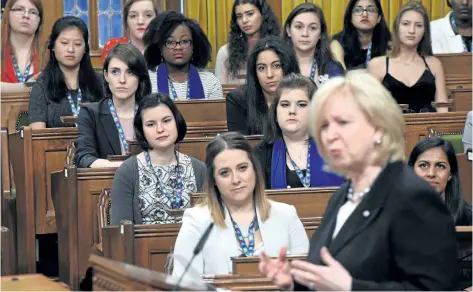  ?? SEAN KILPATRICK/THE CANADIAN PRESS ?? Kim Campbell, 19th Prime Minister of Canada, addresses the Daughters of the Vote event, organized by Equal Voice Canada, in the House of Commons on Parliament Hill in Ottawa on Wednesday.