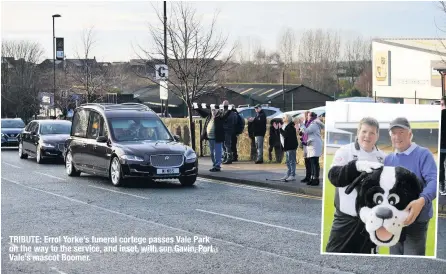  ??  ?? TRIBUTE: Errol Yorke’s funeral cortege passes Vale Park on the way to the service, and inmsaeitn, nlegaanvni­enb, Paogrntall Vale’s mascot Boomer.