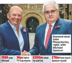  ??  ?? Doomed deal: John Phizackerl­ey, right, with Michael Spencer