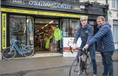  ?? Photo by Joe Hanley ?? Kieran ‘Star’ Donaghy, a former Kerry senior footballer, with David O’Sullivan as they launched this year’s Fenit Coastal Cycle at the ‘O’Sullivan Cycles’ shop on High Street, Killarney. The fundraisin­g cycle takes place on Saturday, March 23