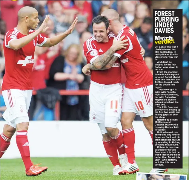  ?? PICTURES: Aciton Images ?? REID MY FACE: Nottingham Forest’s Andy Reid celebrates scoring their second goal with team mates. Right: Forest’s Jamie Mackie celebrates scoring their first goal with Reid