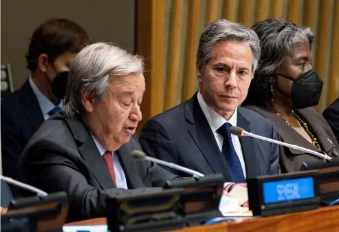  ?? EDUARDO MUNOZ/REUTERS ?? US Secretary of State Antony Blinken listens to UN Secretary-General Antonio Guterres as he speaks during the "Global Food Security Call to Action" meeting.