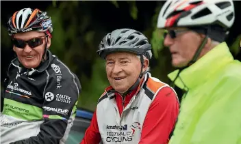  ?? JOSEPH JOHNSON/STUFF ?? Eric Hunter, 87, seen here with mates from the Magpies cycling group in 2018, says it’s ‘‘important to lead an active life’’.